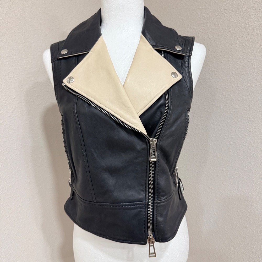 Belstaff Women's Leather Moto Vest IT Black Cream Edgy Biker Rockabilly Sz US S